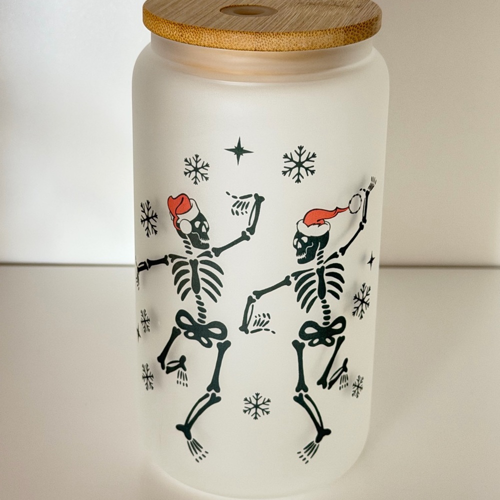Jolly Skeleton 16oz Frosted Glass Tumbler with Bamboo Lid